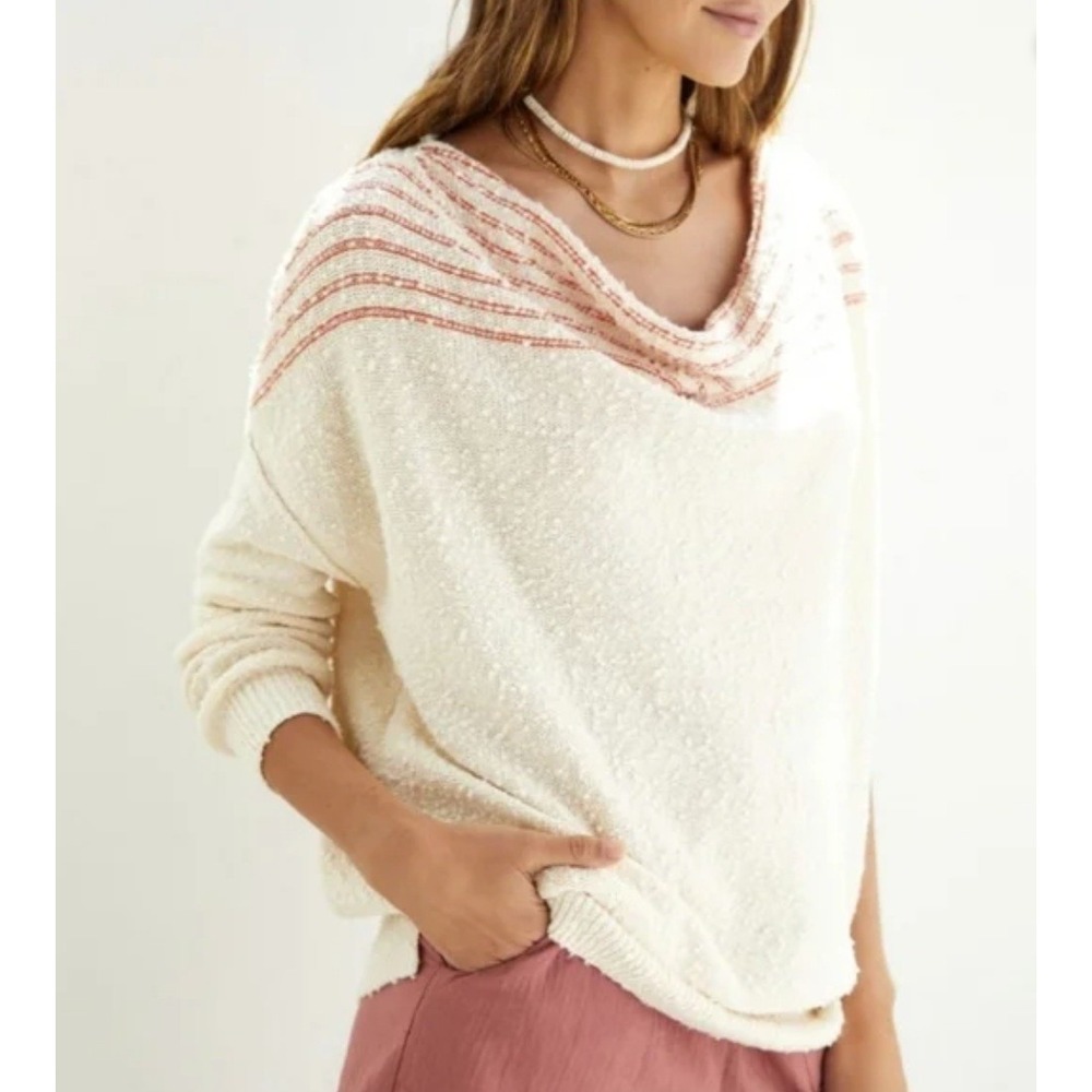 Pilcro Cream Off-the-Shoulder Sweater with Pink Stripe Detail